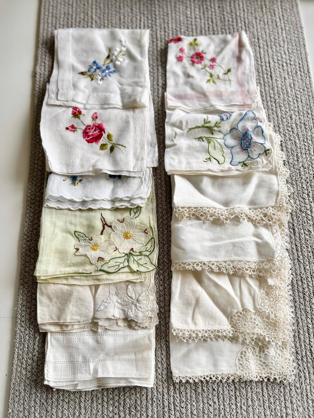 Vintage Set of 12 Floral Embroidered White Ivory Floral Linen Cotton Napkins